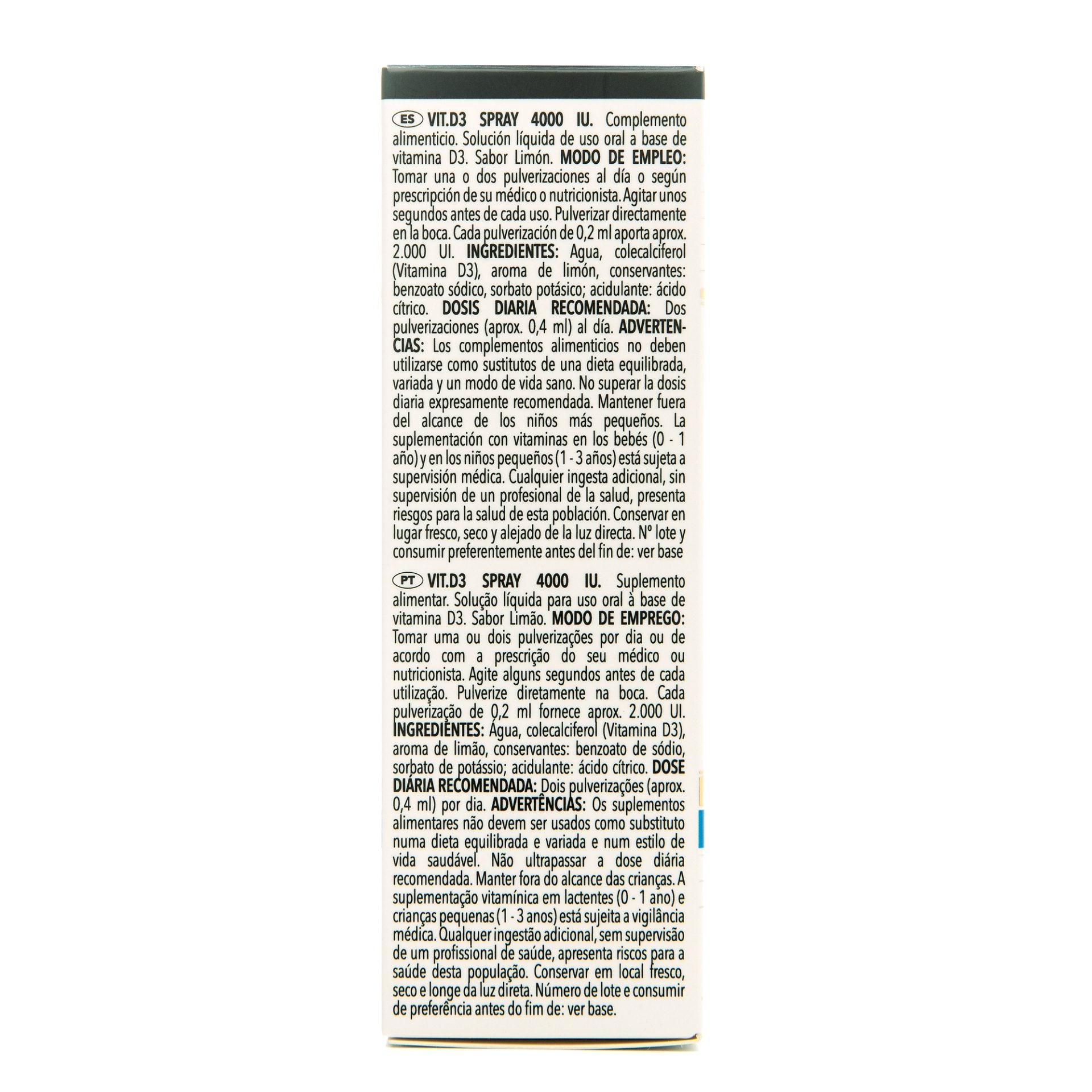 Etiqueta trasera de Vitamina D3 Spray 4000 UI con instrucciones de uso y dosis recomendada