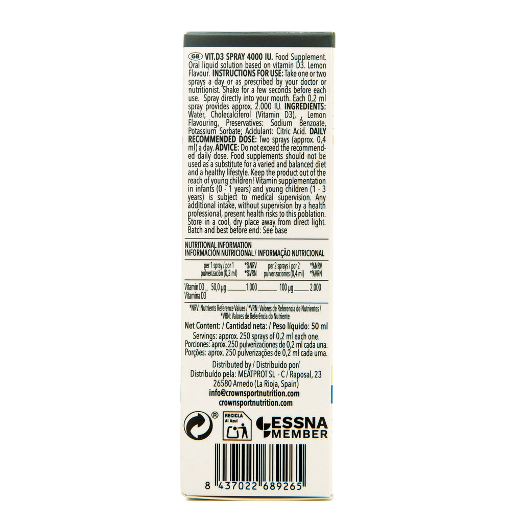 Etiqueta lateral de Vitamina D3 Spray 4000 UI mostrando ingredientes y composición del suplemento