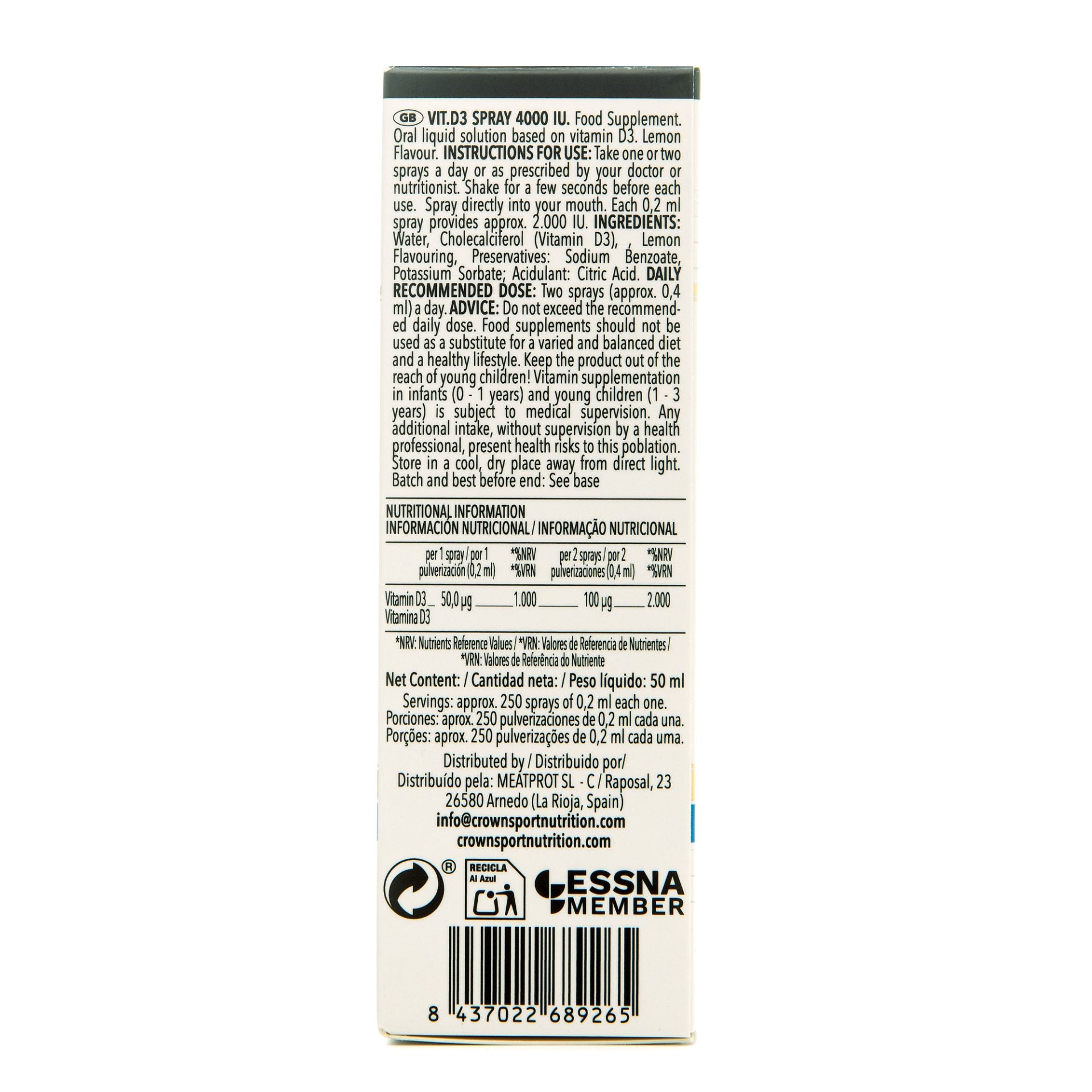 Etiqueta lateral de Vitamina D3 Spray 4000 UI mostrando ingredientes y composición del suplemento