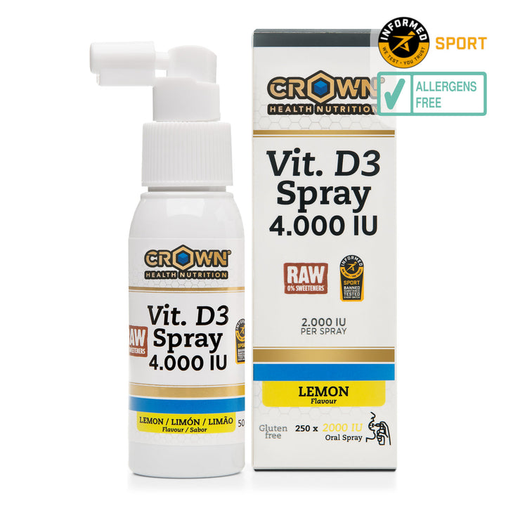 Vitamina D3 Spray 4000 UI con caja y spray visible, suplemento de alta potencia para deportistas