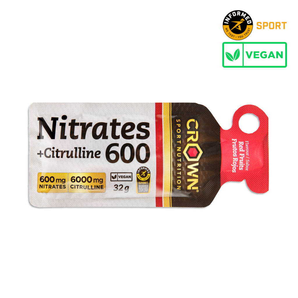 Imagen de Nitrates 600 + Citrulline Shot Gel de Crown Sport Nutrition, un gel energético con 600 mg de nitratos y 6.000 mg.