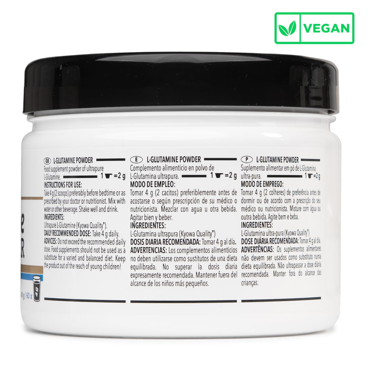 L-Glutamina Kyowa® Crown Sport Nutrition – etiqueta lateral del bote