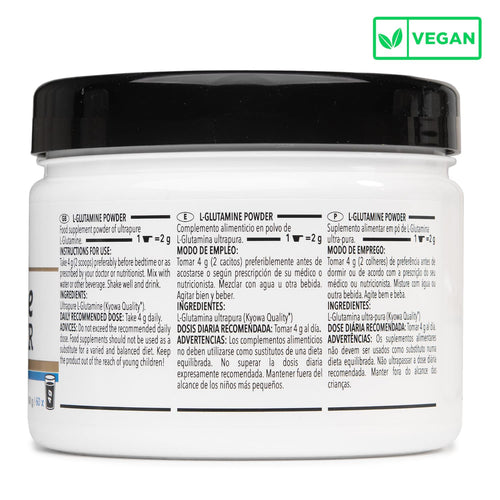 L-Glutamina Kyowa® Crown Sport Nutrition – etiqueta lateral del bote