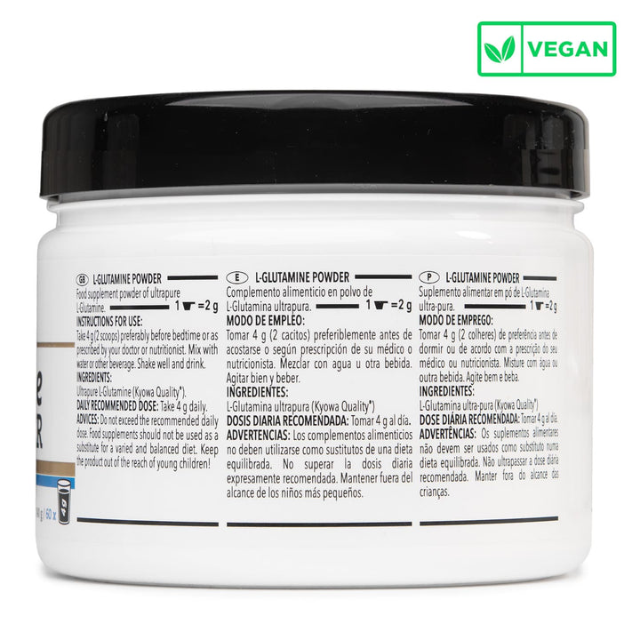 L-Glutamina Kyowa® Crown Sport Nutrition – etiqueta lateral del bote